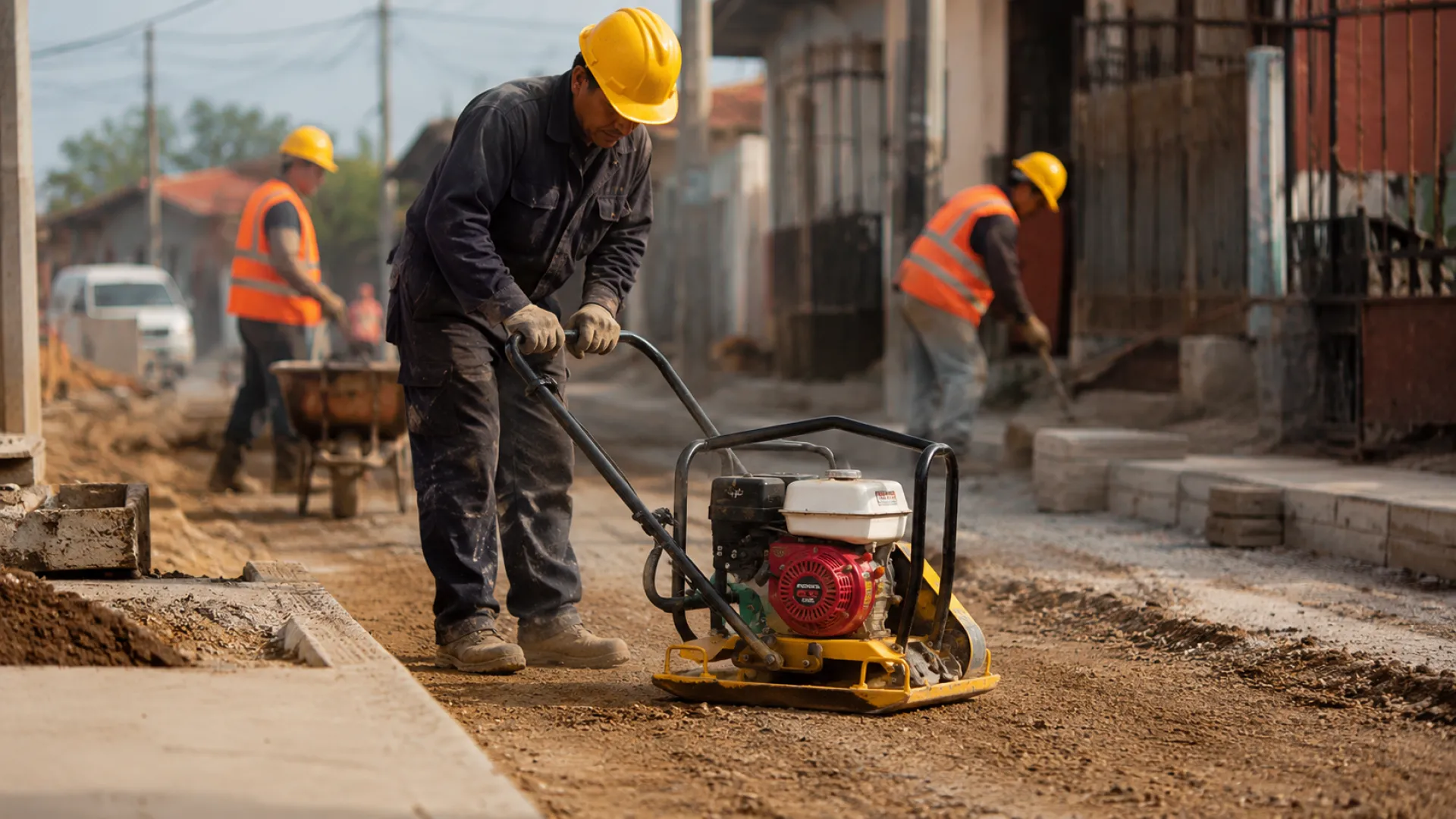Operario compactando una base de grava con una placa compactadora C-100 en una obra de construcción.